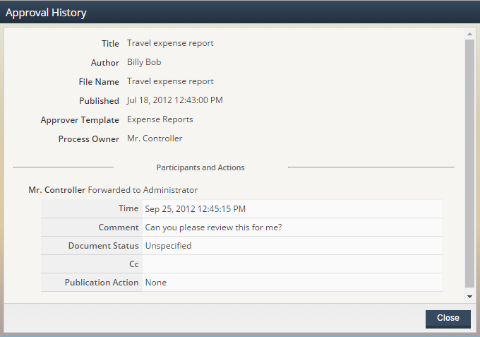 Screenshot of Approval History dialog.